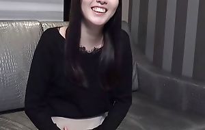 A beautiful slender Japanese connected with long black hair gives a blowjob and then takes a creampie POV 3 uncensored